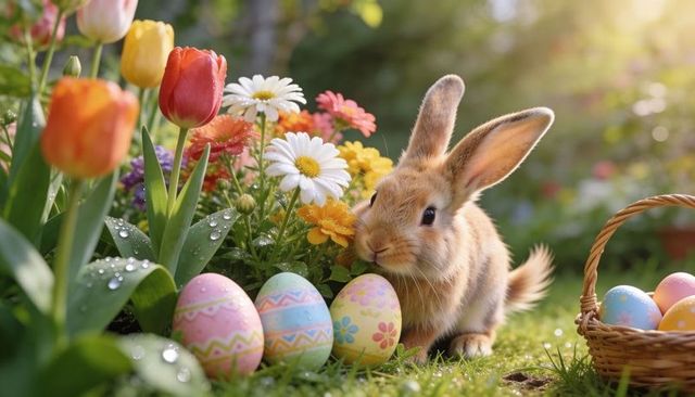 Bunny sniffing flowers beside decorated easter eggs in dewy pastel spring garden sunlight