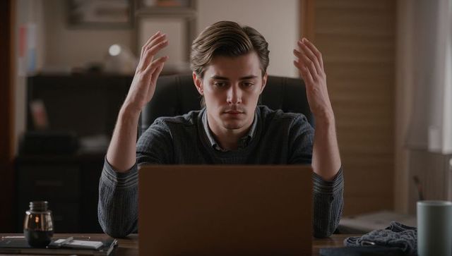 Young man raising hands showing frustration at laptop in home office, remote work stress