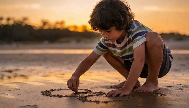 Young boy crouching on sunset beach drawing circle in wet sand with golden reflection