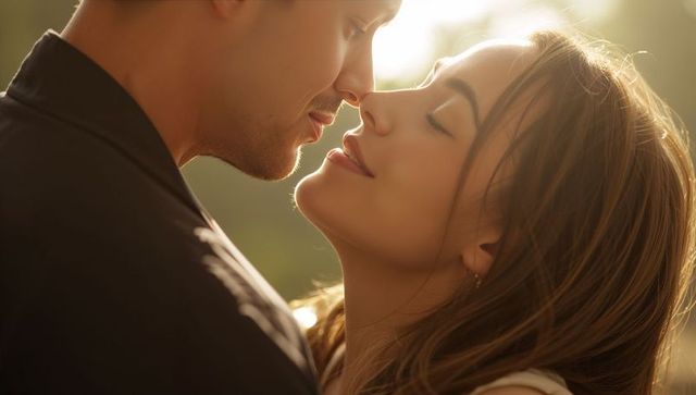 Romantic couple leaning in kissing at golden hour backlit closeup intimate moment