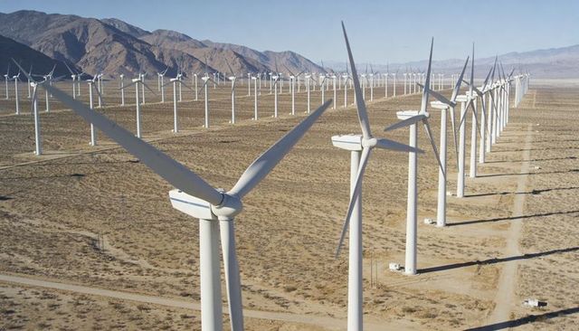 Desert wind farm generating renewable energy with rows of white turbines and service roads