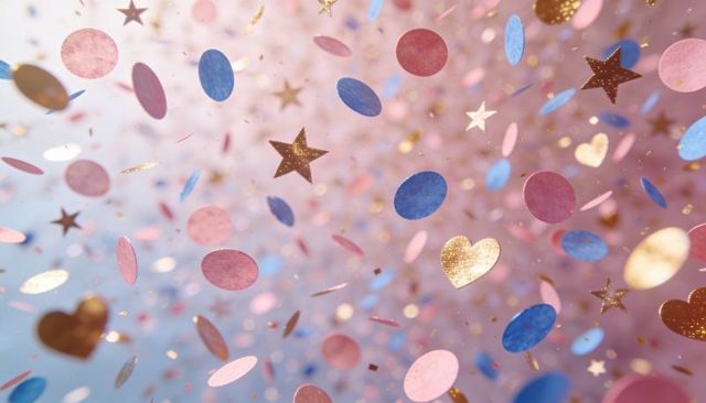 Pastel confetti explosion with gold stars and glitter hearts, dreamy studio bokeh