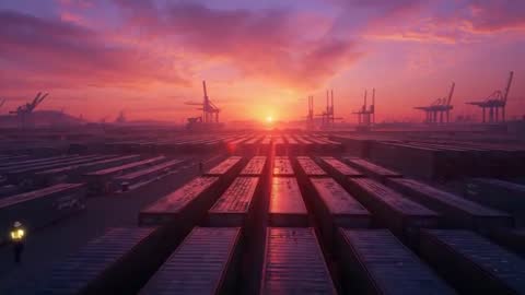 Hi-vis worker walking between shipping containers at sunset while cranes silhouetting harbor