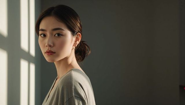 Serene asian woman standing by window with soft grid shadows minimalist interior portrait