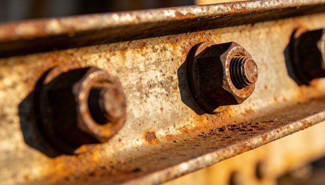 Rusting hex nuts and bolts on weathered steel beam, macro closeup texture of corrosion