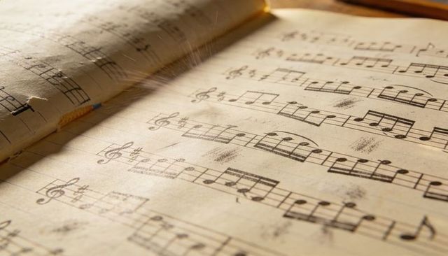 Vintage sheet music with sewn spine, closeup of aged parchment and treble clef notation