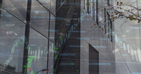 Digital financial data overlaid on modern high-rise building
