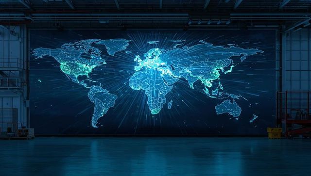 Holographic neon world map projecting global data network across industrial hangar