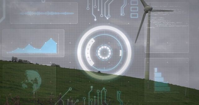 Wind turbine on hill with futuristic technological holograms