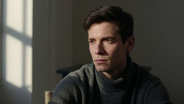 Thoughtful young man in ribbed turtleneck bathed in soft window light and shadow, moody