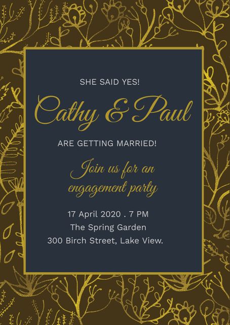 This elegant wedding invitation template features a sophisticated gold floral design on a dark background that can be customized for engagement parties. Perfect for announcing special events such as weddings or engagement parties. The luxurious yet modern design enhances the appeal for upscale celebrations. Suitable for event planners, graphic designers, and DIY enthusiasts.