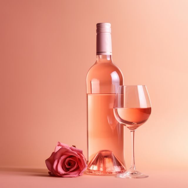Elegant composition showcasing rose wine bottle with a filled glass next to a pink rose resting on a peach background. Ideal for advertising romantic events, wine brands, elegant posters, lifestyle blogs, and celebration invitations.