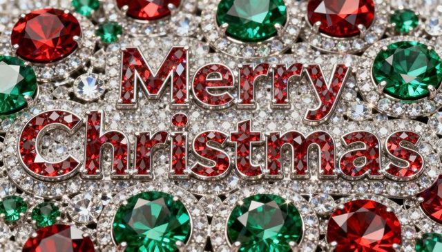 Merry christmas jeweled lettering sparkling with red and green gemstones on diamond brooch