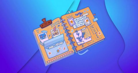 Artistic journal with nostalgic scrapbook elements on blue gradient background