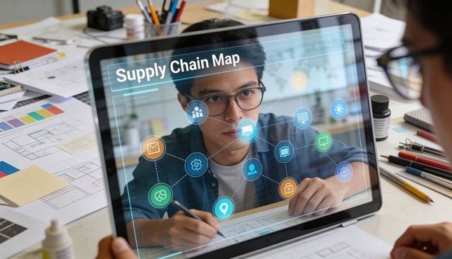 Young Asian Professional Analyzing Augmented Reality Supply Chain Map at Design Desk