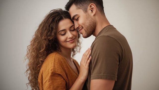 Romantic couple embracing with eyes closed showing tenderness and warm connection