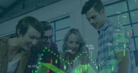 Colleagues collaborating with financial market data overlay
