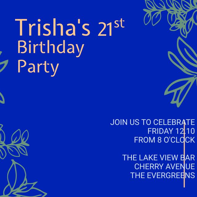 Perfect for celebrating someone's milestone 21st birthday. Features an elegant and deep blue floral design for a sophisticated touch. Ideal for inviting friends and family to a special event. Customizable with event details.