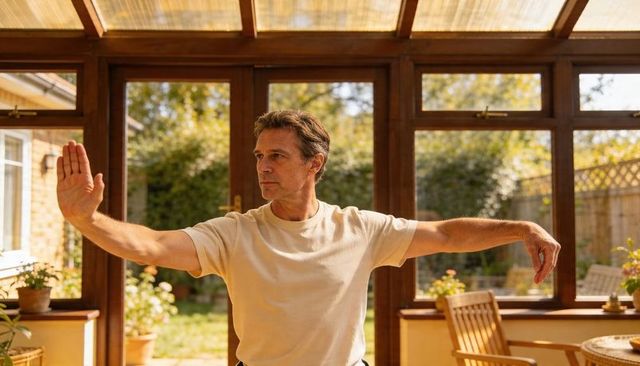 Middle-aged man practicing tai chi in sunroom conservatory with wooden furniture and potted plants
