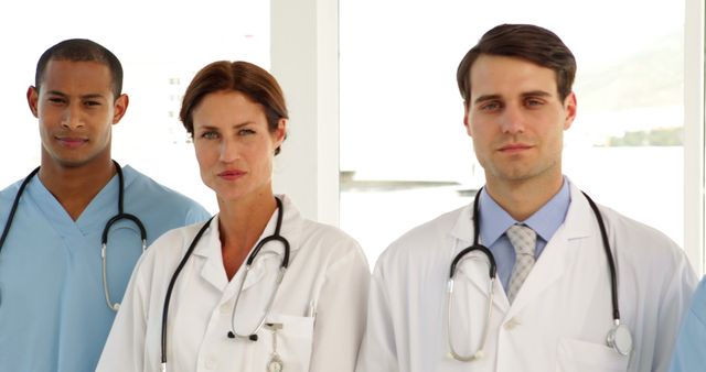 Group of diverse medical professionals standing side by side in a hospital setting, wearing lab coats and stethoscopes. Useful for healthcare, medical team collaboration, hospital services, doctor-patient interaction, and healthcare staffing concepts.