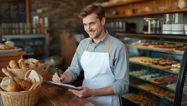 Friendly Baker Counting Inventory in Artisan Bakery