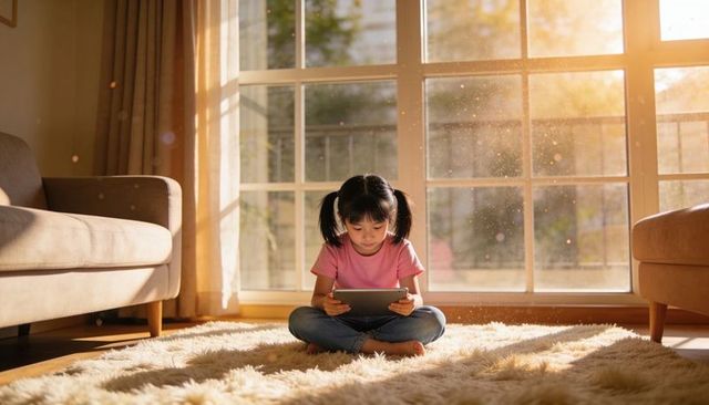 Sunlit child using tablet on rug in living room, cozy learning and screen focus