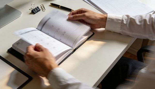 Professional flipping weekly planner at desk organizing workweek with pen and calendar