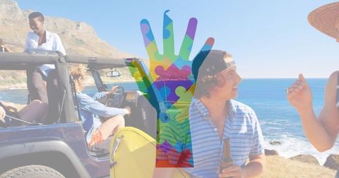 Friends on Coastal Road Trip with Surfboard and Jeep Adventure