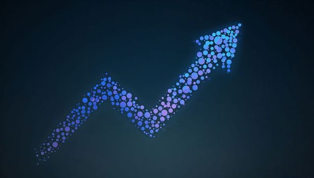 Rising dotted arrow made of blue circles representing growth progress and upward trend
