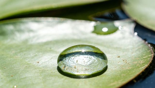 Sunlight reflecting through clear water droplet magnifying lily pad veins macro closeup