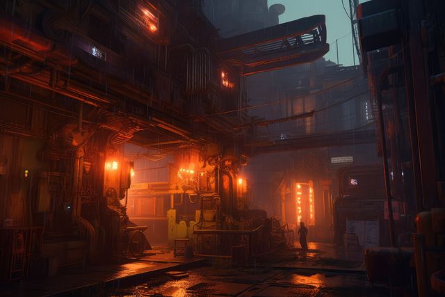 Image depicts a dimly lit urban street in a cyberpunk setting with futuristic industrial details. Neon lights illuminate the area, reflecting off the wet surfaces from the rainfall, creating a moody and atmospheric scene. Ideal for themes related to sci-fi, dystopian futures, industrial technology, urban environments, and cyberpunk aesthetics. Suitable for use in video game design, movie scenes setting, creative projects involving futuristic cityscapes, and marketing material for tech products or sci-fi novels.