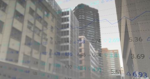 Downtown highrise skyline showing financial data overlay and line chart visualization
