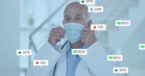 Doctor adjusting surgical mask with online interaction elements