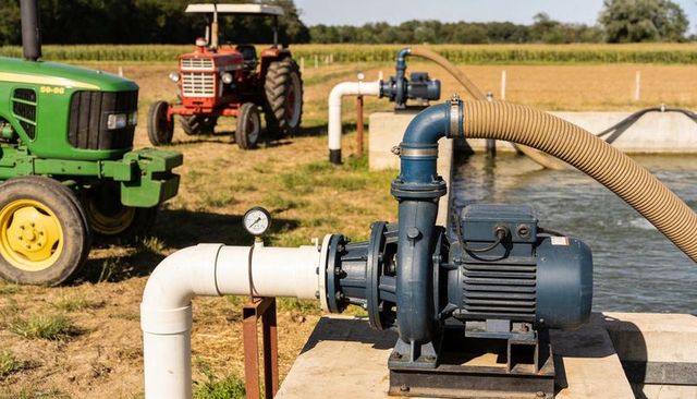 Centrifugal irrigation pump and electric motor operating on farm near tractors and ribbed hose