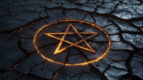 Glowing pentagram on cracked rocky ground with embers