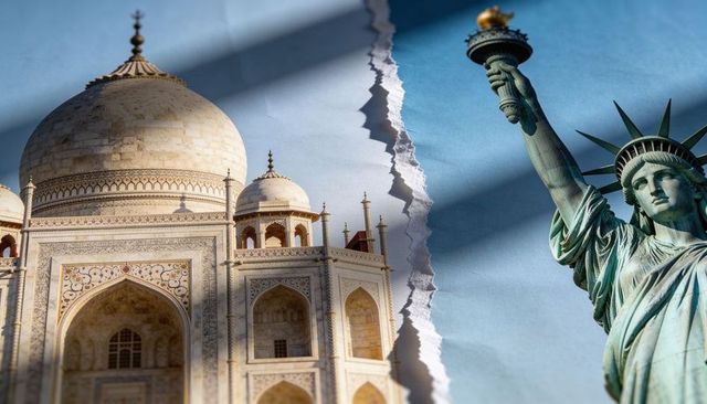 Taj mahal and statue of liberty collage blending heritage and freedom with torn split