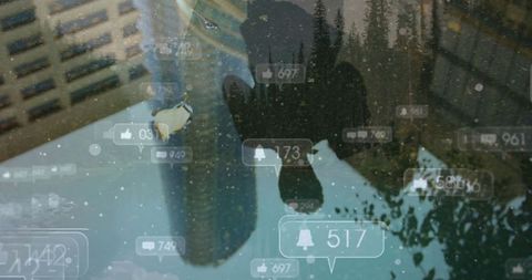 Social media icons overlay cityscape for digital networking theme