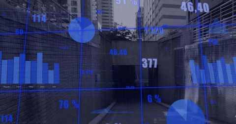 Cityscape with digital overlay of financial data charts
