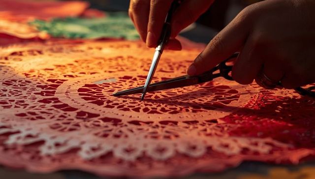 Close-up of crafting hands cutting red-orange paper doily