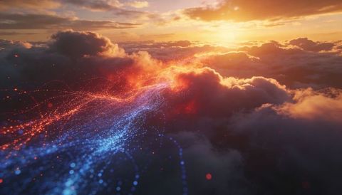 Luminous blue and orange digital streams weaving over sunset cumulus clouds, ethereal glow