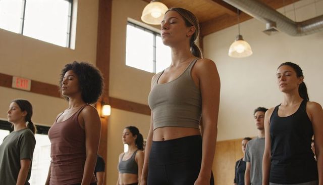 Group yoga class practicing mindful breathing in sunlit studio for wellness, stress relief