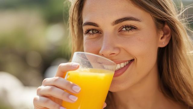 Woman smiling while drinking fresh orange juice outdoors