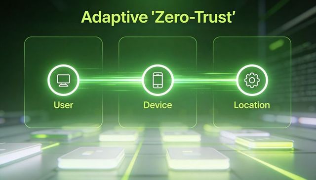 Adaptive zero-trust cybersecurity visual connecting user, device, location with neon green beam
