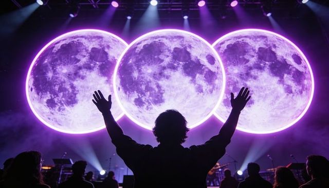 Silhouetted fan raising hands center stage at neon purple concert with three glowing moons