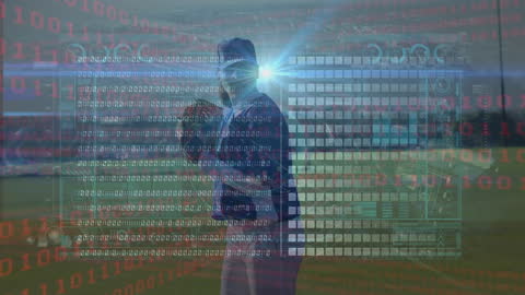 Caucasian Female Baseball Player Analyzing Digital Data Interface