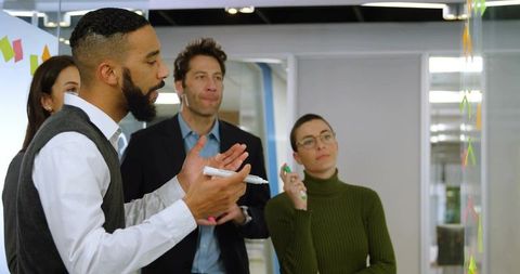 Diverse Team Engaging in Strategic Brainstorm with Sticky Notes