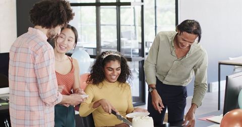 Diverse Team Celebrating with Office Birthday Cake