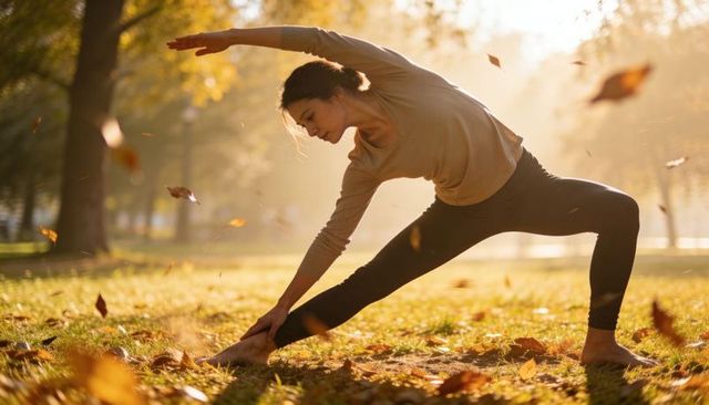 Sunlit autumn yoga stretching woman practicing side lunge barefoot in park