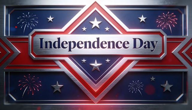 Shining metallic independence day banner with stars fireworks patriotic chrome