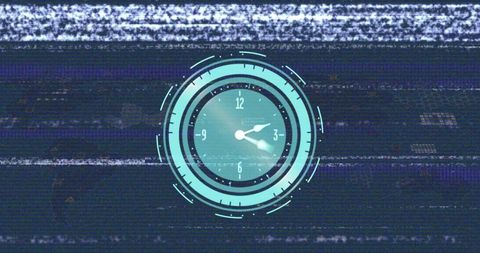 Futuristic clock interface with digital glitch background